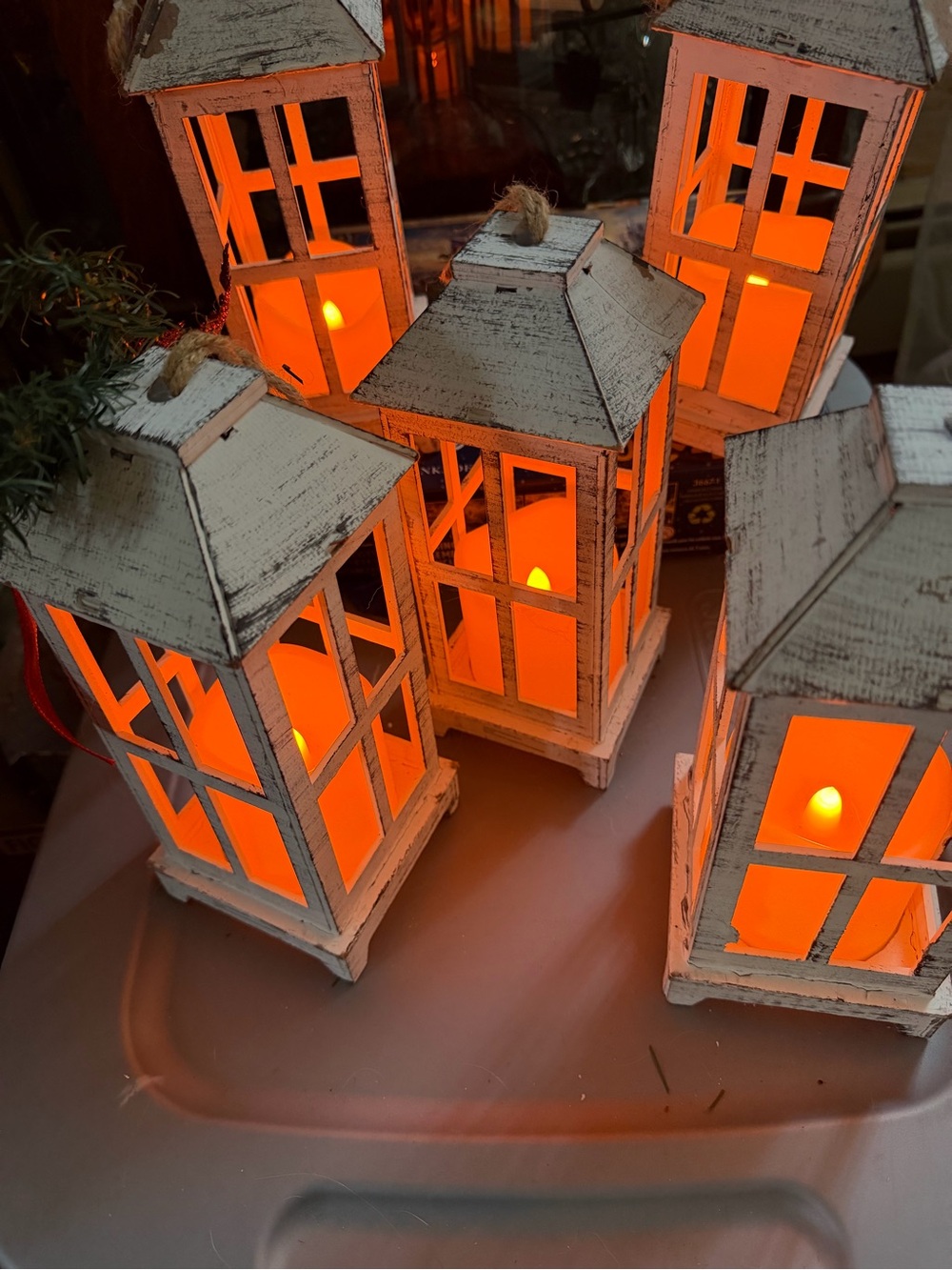 Set of 5 Distressed White Wooden Lanterns with Warm Orange LED Light